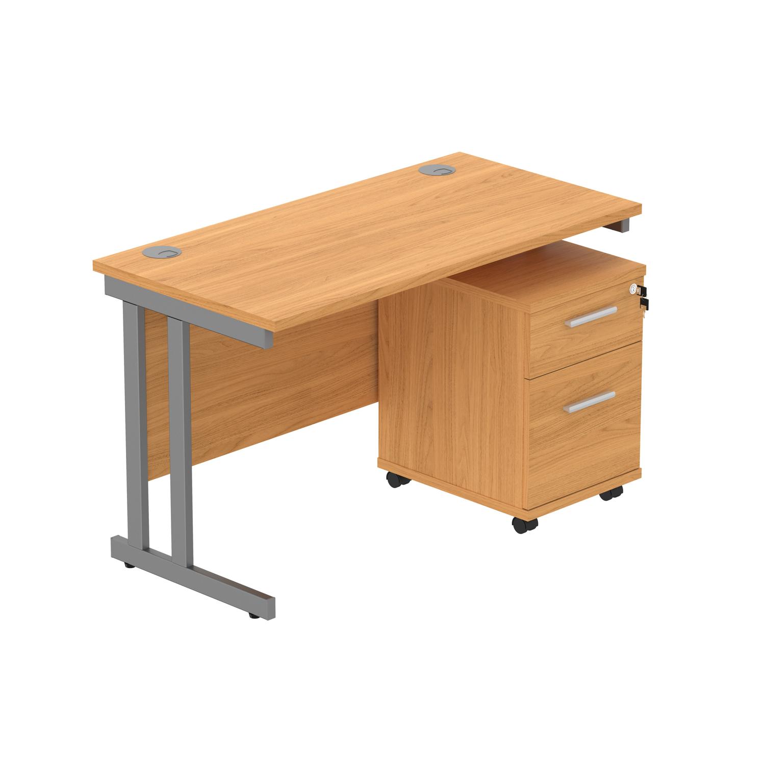 Double Upright Rectangular Desk + 2 Drawer Mobile Under Desk Pedestal  1200X600 Norwegian Beech/Graphite