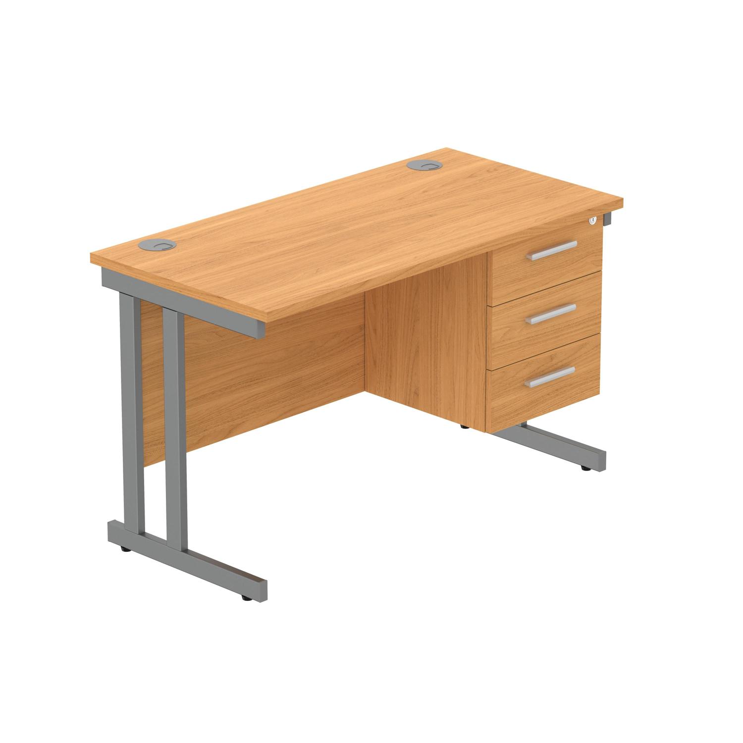 Office Rectangular Desk with Steel Double Upright Cantilever Legs + 3 Drawer Fixed Pedestal  1200X600 Norwegian Beech/Graphite