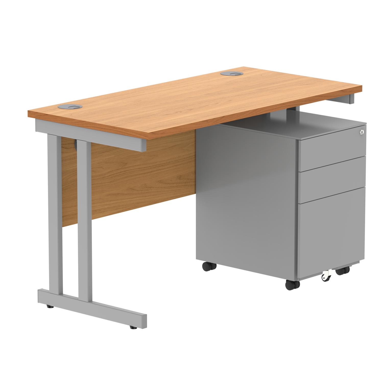 Double Upright Rectangular Desk + Under Desk Steel Pedestal 3 Drawers  1200X600 Norwegian Beech/Silver