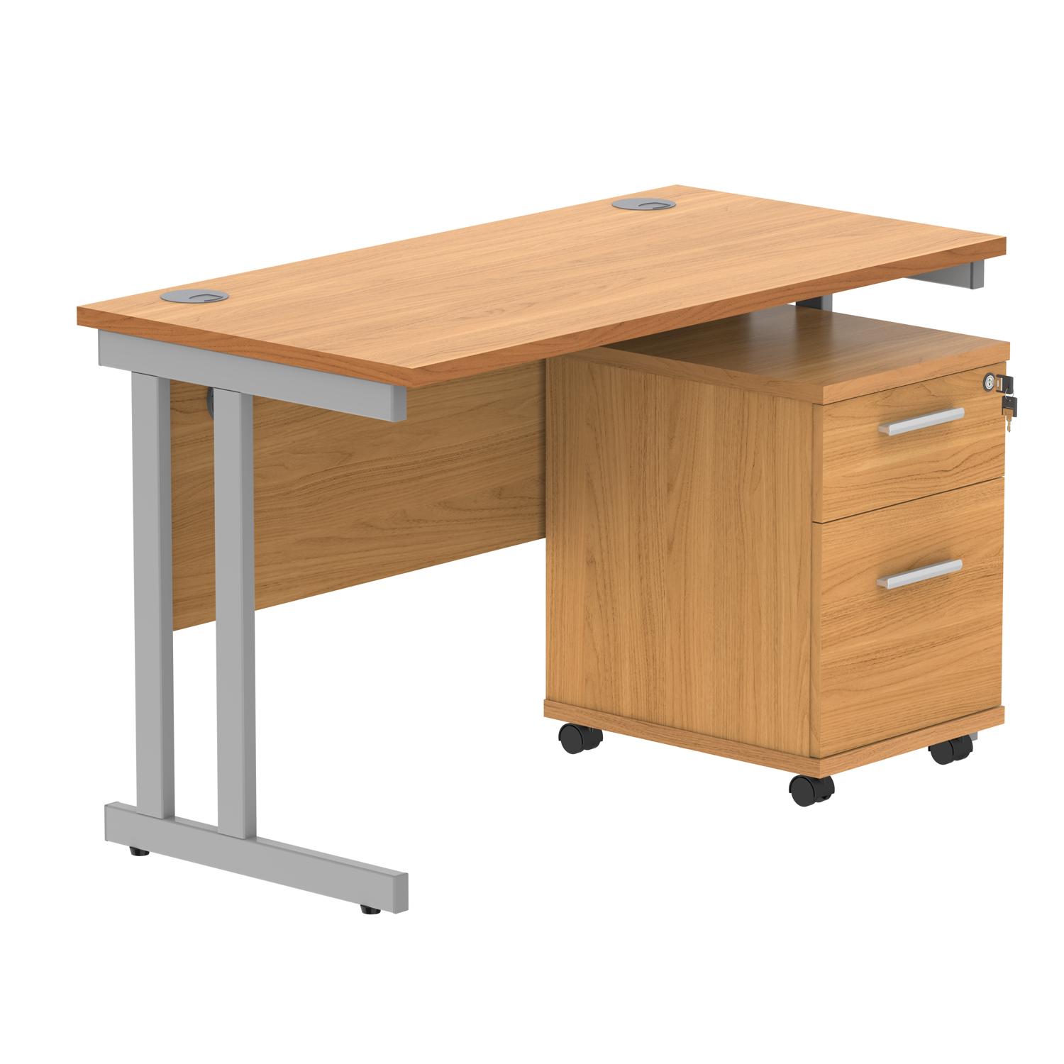 Double Upright Rectangular Desk + 2 Drawer Mobile Under Desk Pedestal  1200X600 Norwegian Beech/Silver