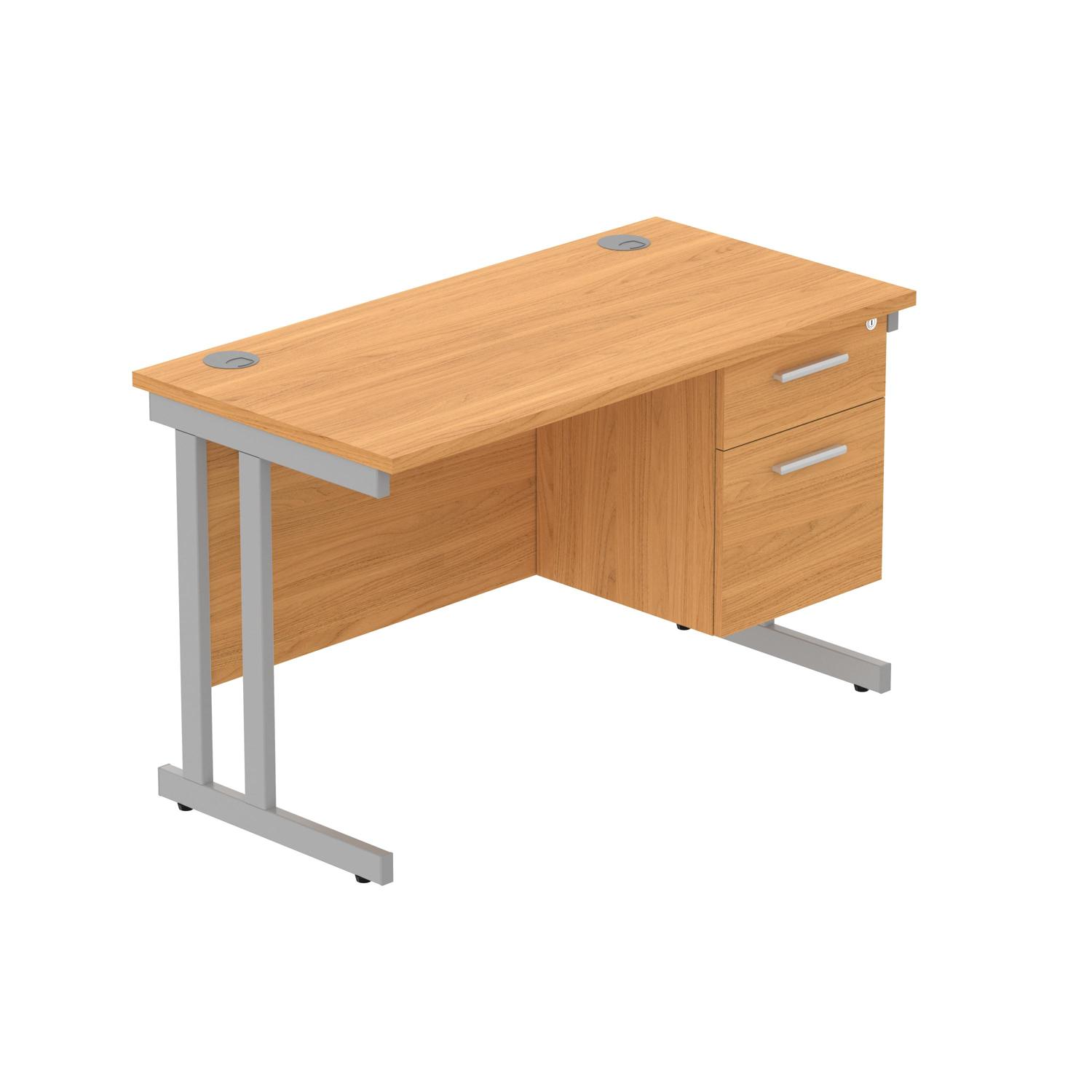 Office Rectangular Desk with Steel Double Upright Cantilever Legs + 2 Drawer Fixed Pedestal  1200X600 Norwegian Beech/Silver
