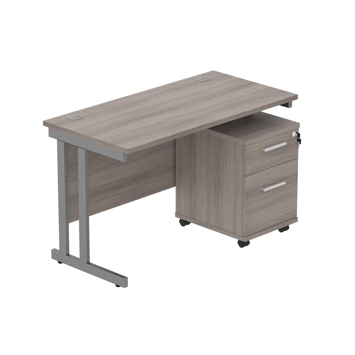 Double Upright Rectangular Desk + 2 Drawer Mobile Under Desk Pedestal  1200X600 Alaskan Grey Oak/Graphite