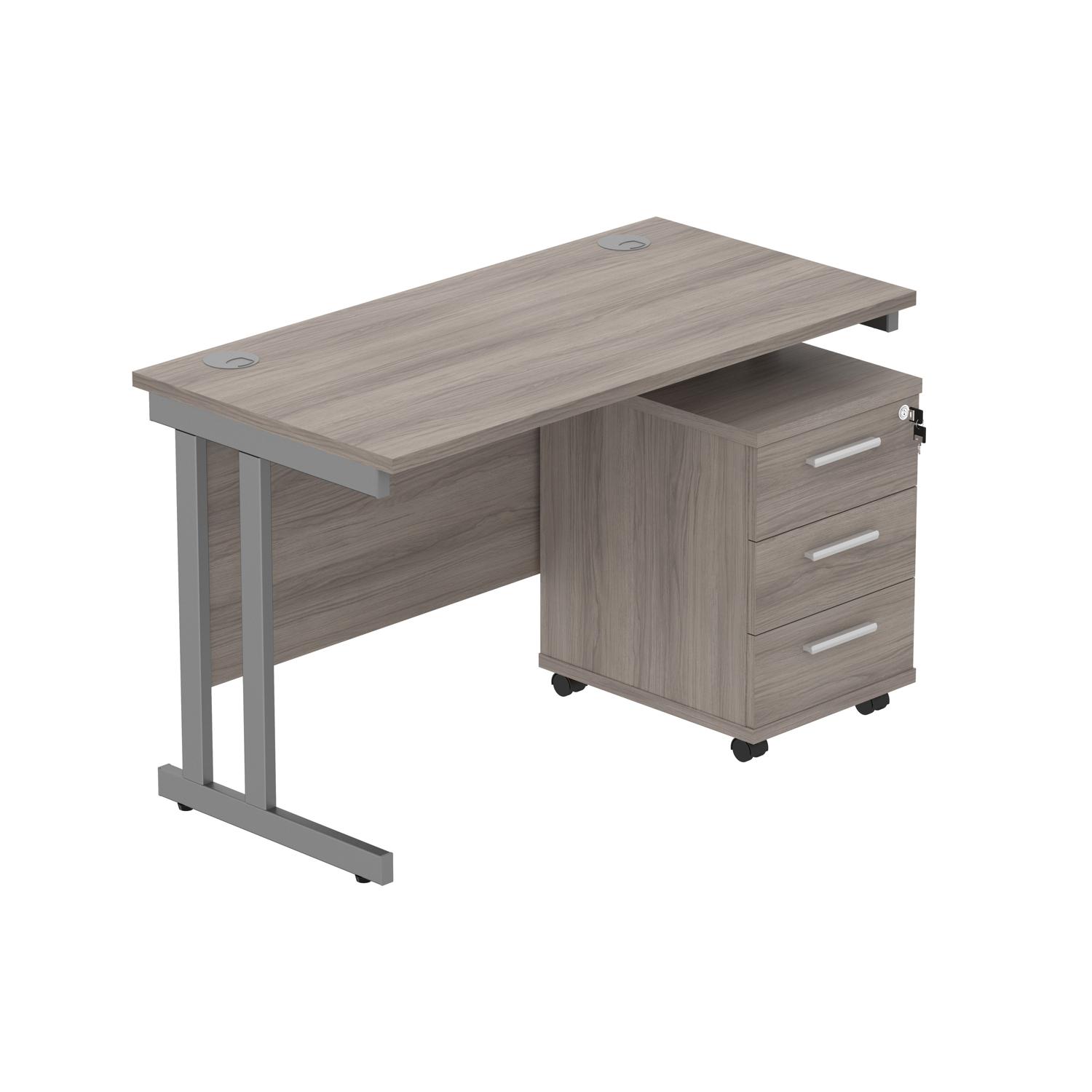 Double Upright Rectangular Desk + 3 Drawer Mobile Under Desk Pedestal  1200X600 Alaskan Grey Oak/Graphite