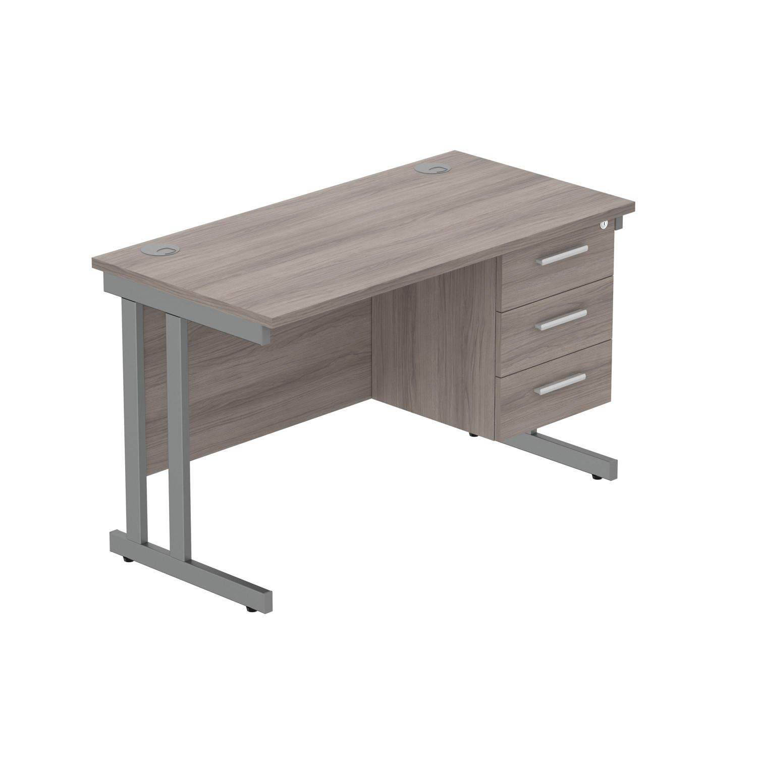 Office Rectangular Desk with Steel Double Upright Cantilever Legs + 3 Drawer Fixed Pedestal  1200X600 Alaskan Grey Oak/Graphite