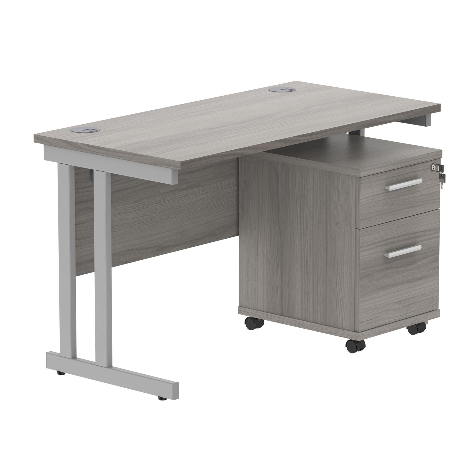 Double Upright Rectangular Desk + 2 Drawer Mobile Under Desk Pedestal  1200X600 Alaskan Grey Oak/Silver