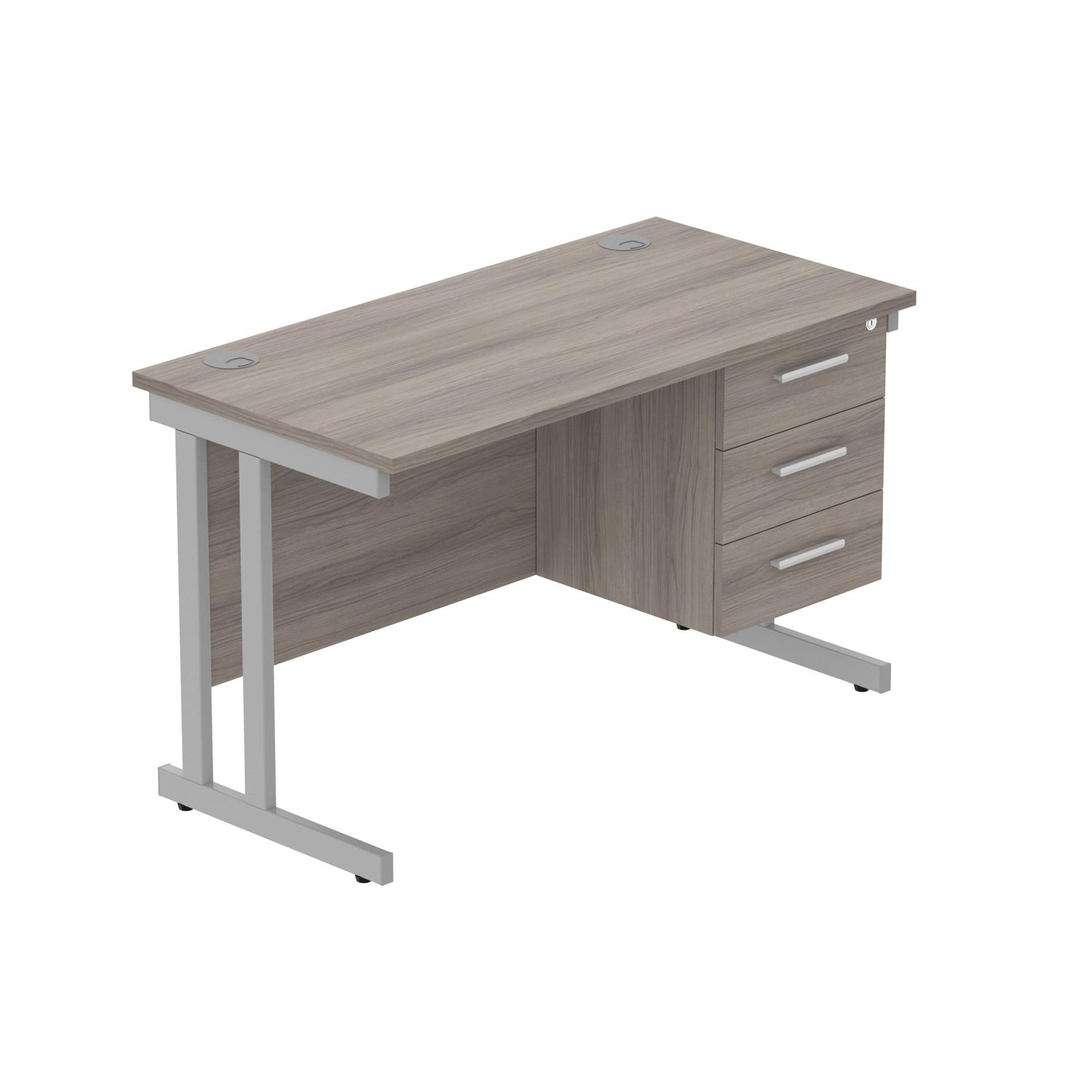 Office Rectangular Desk with Steel Double Upright Cantilever Legs + 3 Drawer Fixed Pedestal  1200X600 Alaskan Grey Oak/Silver