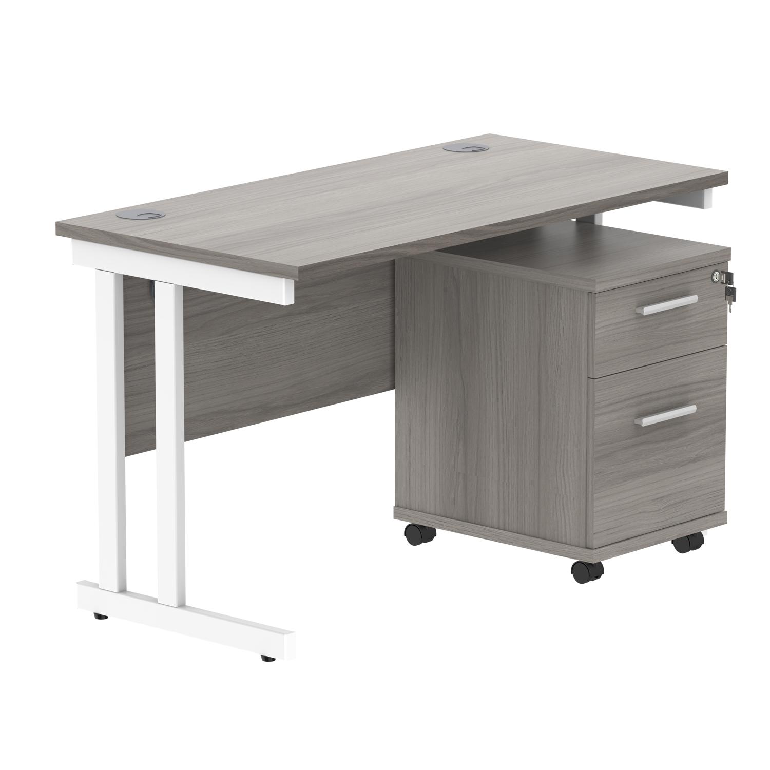 Double Upright Rectangular Desk + 2 Drawer Mobile Under Desk Pedestal  1200X600 Alaskan Grey Oak/White