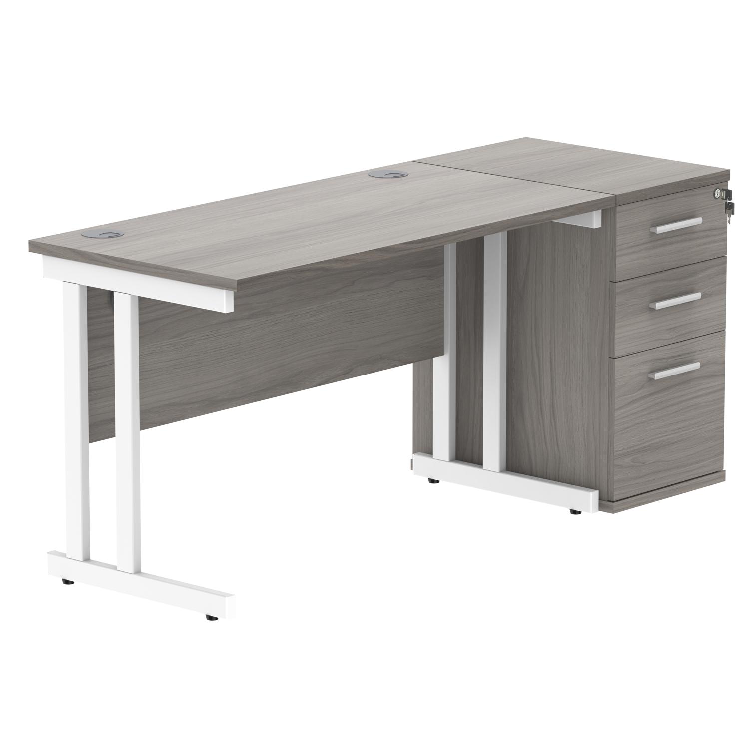 Double Upright Rectangular Desk + Desk High Pedestal  1200X600 Alaskan Grey Oak/White
