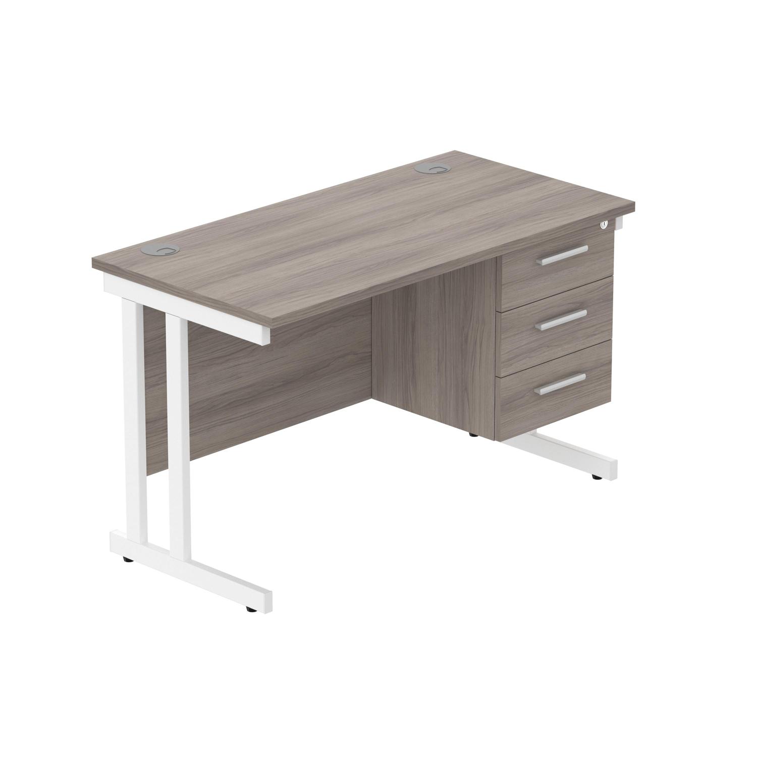 Office Rectangular Desk with Steel Double Upright Cantilever Legs + 3 Drawer Fixed Pedestal  1200X600 Alaskan Grey Oak/White