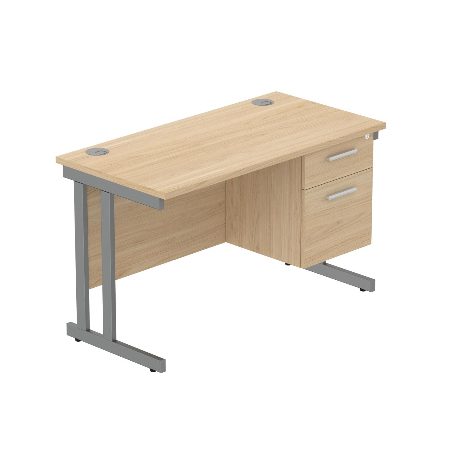 Office Rectangular Desk with Steel Double Upright Cantilever Legs + 2 Drawer Fixed Pedestal  1200X600 Canadian Oak/Graphite