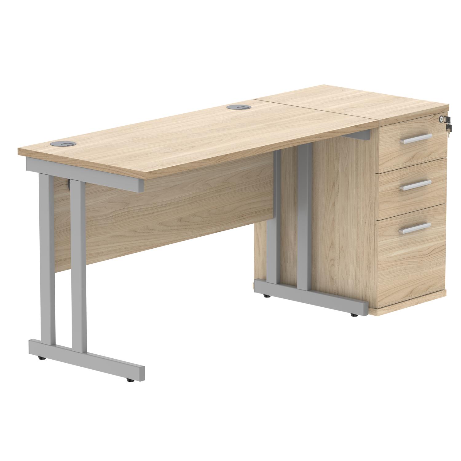 Double Upright Rectangular Desk + Desk High Pedestal  1200X600 Canadian Oak/Silver
