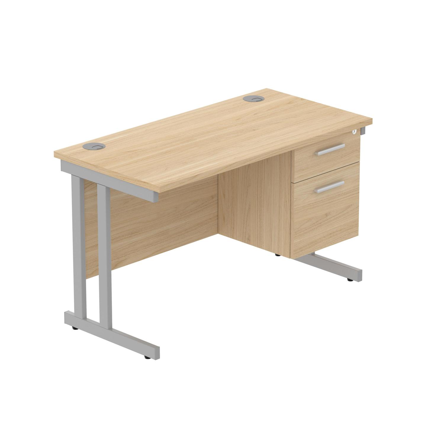 Office Rectangular Desk with Steel Double Upright Cantilever Legs + 2 Drawer Fixed Pedestal  1200X600 Canadian Oak/Silver