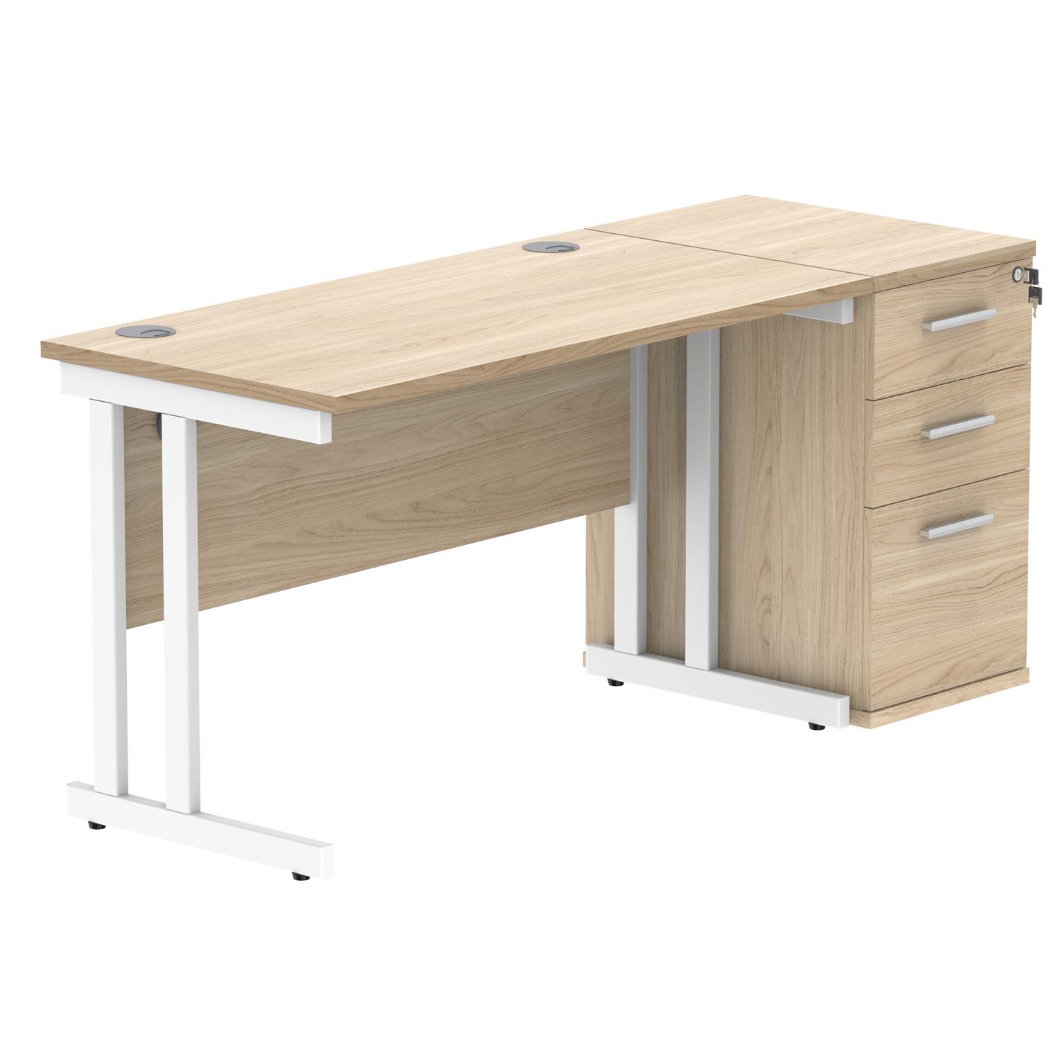 Double Upright Rectangular Desk + Desk High Pedestal  1200X600 Canadian Oak/White