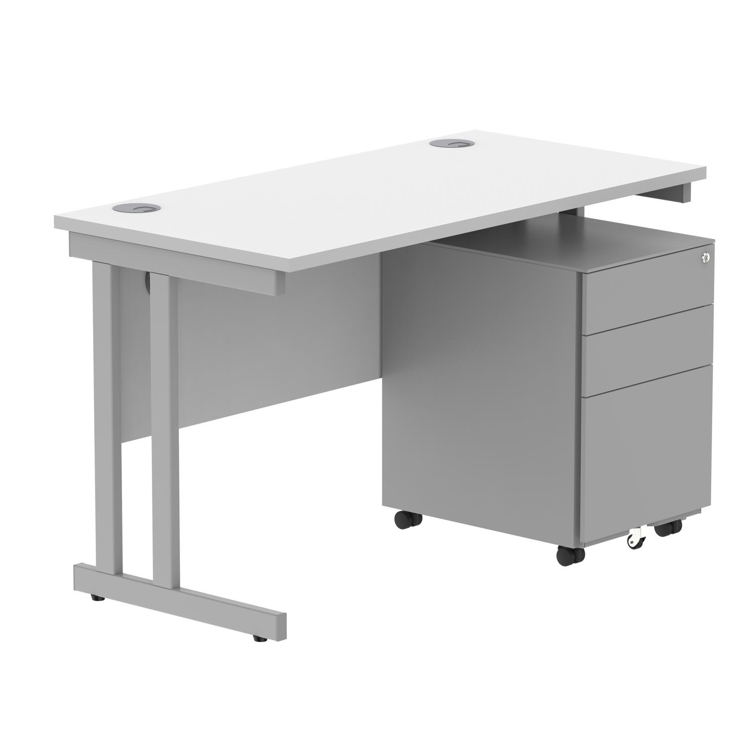Double Upright Rectangular Desk + Under Desk Steel Pedestal 3 Drawers  1200X600 Arctic White/Silver