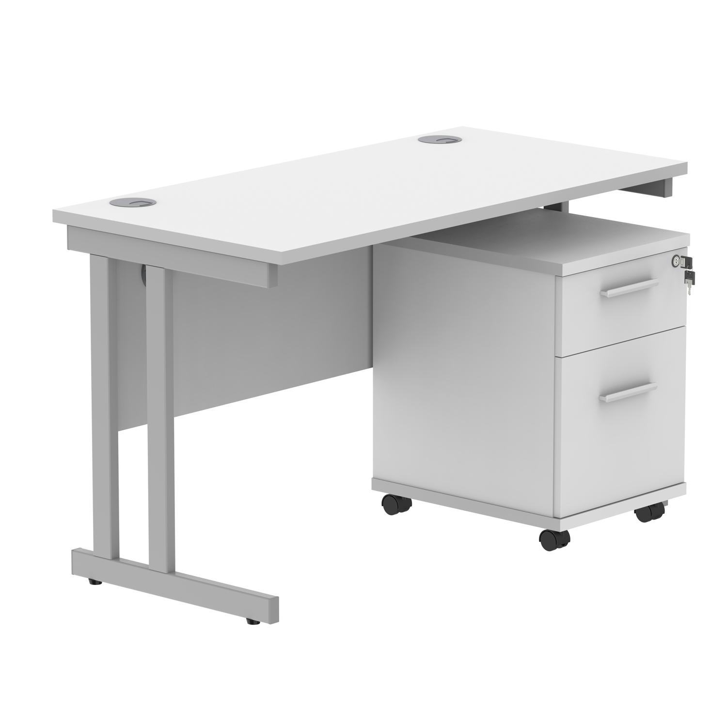 Double Upright Rectangular Desk + 2 Drawer Mobile Under Desk Pedestal  1200X600 Arctic White/Silver