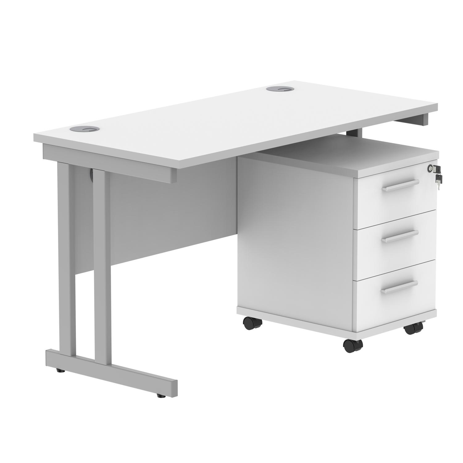 Double Upright Rectangular Desk + 3 Drawer Mobile Under Desk Pedestal  1200X600 Arctic White/Silver