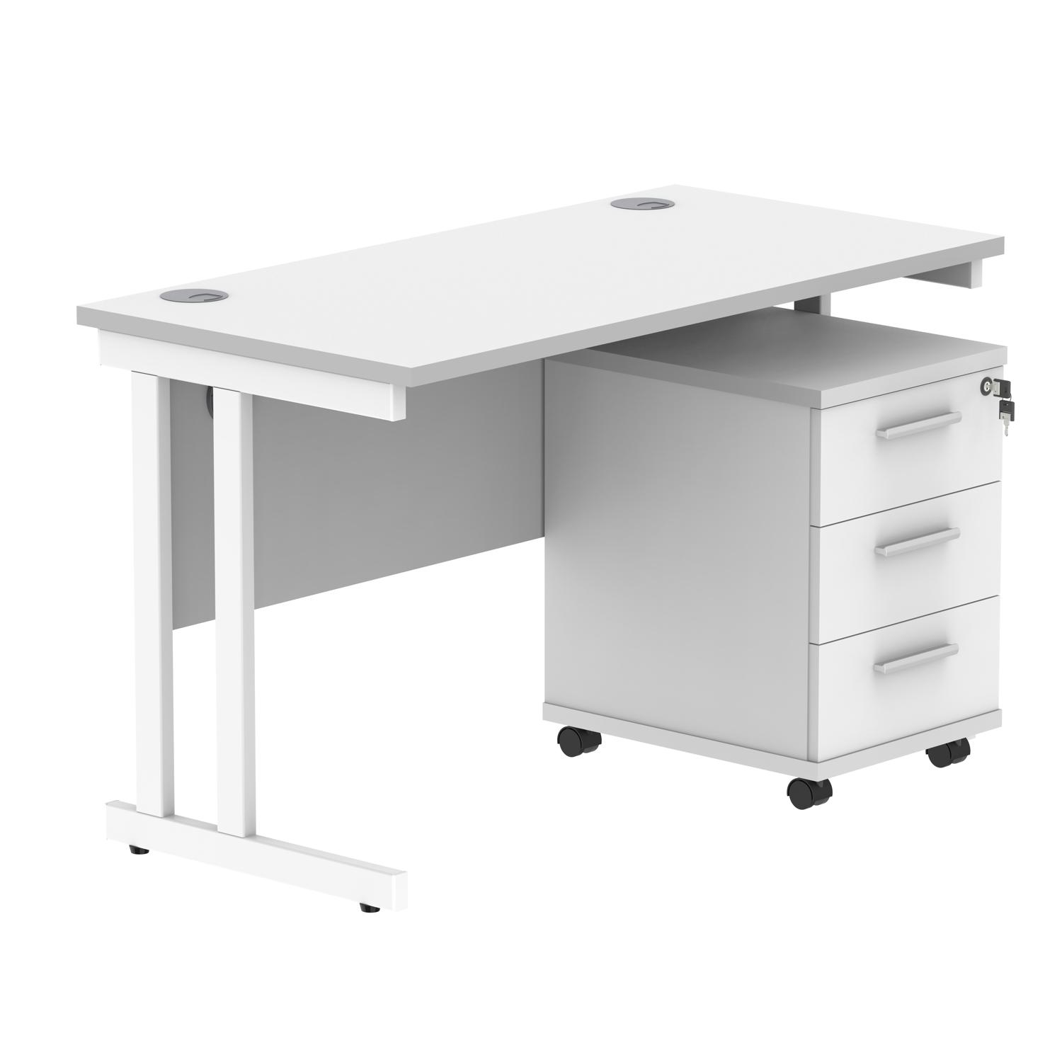Double Upright Rectangular Desk + 3 Drawer Mobile Under Desk Pedestal  1200X600 Arctic White/White