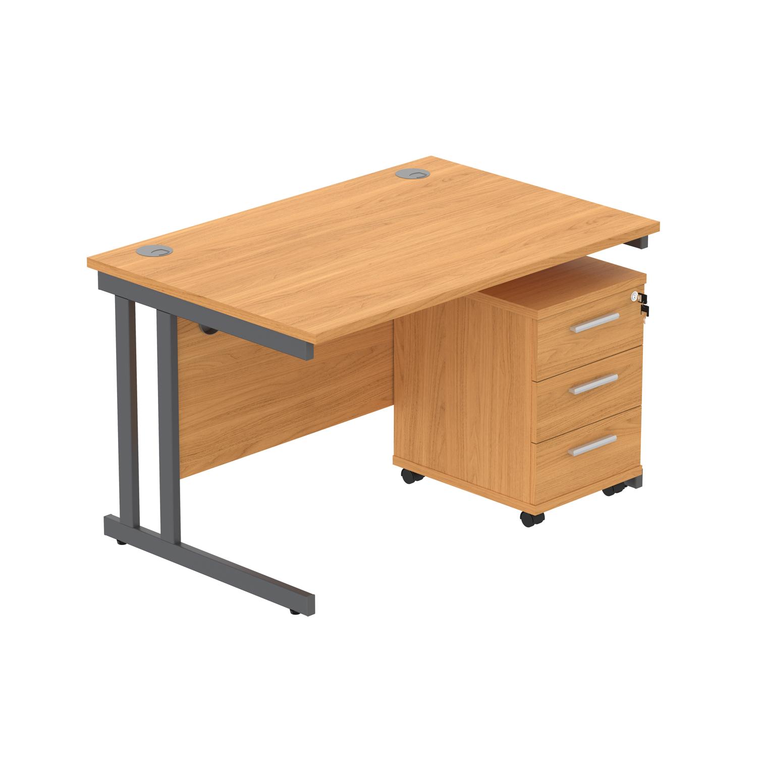 Double Upright Rectangular Desk + 3 Drawer Mobile Under Desk Pedestal  1200X800 Norwegian Beech/Graphite