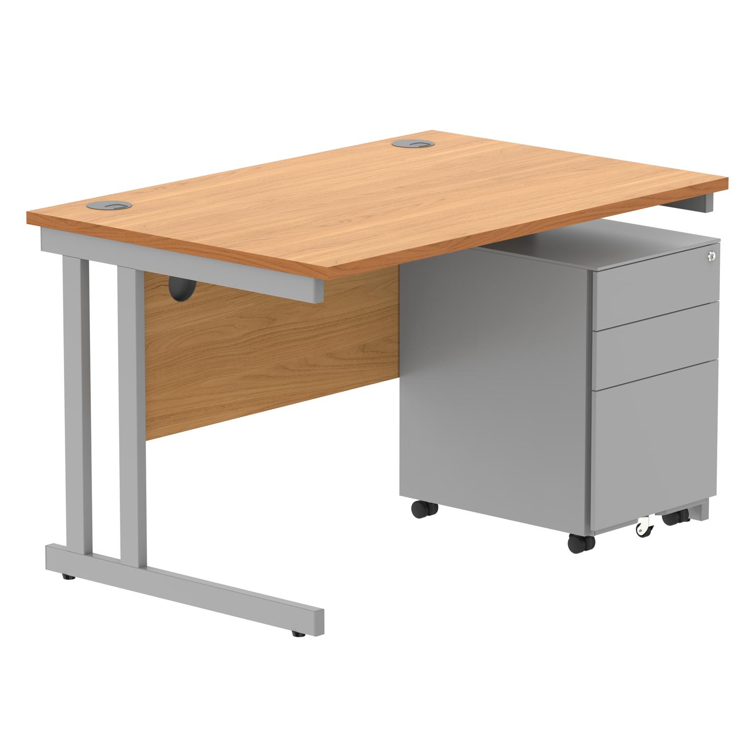 Double Upright Rectangular Desk + Under Desk Steel Pedestal 3 Drawers  1200X800 Norwegian Beech/Silver