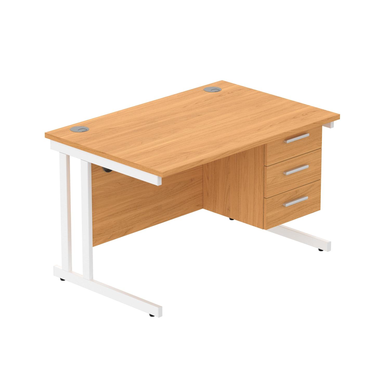 Office Rectangular Desk with Steel Double Upright Cantilever Legs + 3 Drawer Fixed Pedestal  1200X800 Norwegian Beech/White