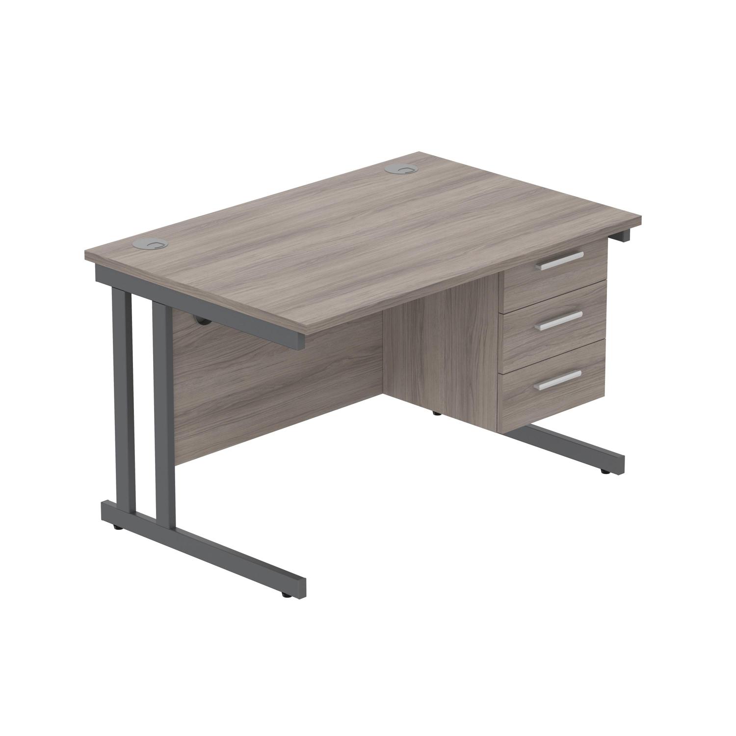Office Rectangular Desk with Steel Double Upright Cantilever Legs + 3 Drawer Fixed Pedestal  1200X800 Alaskan Grey Oak/Graphite