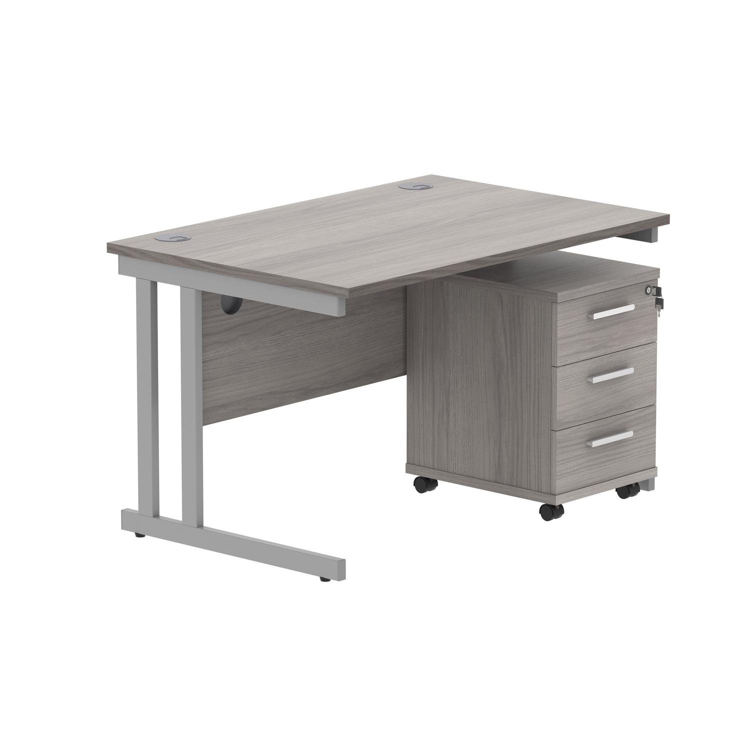 Double Upright Rectangular Desk + 3 Drawer Mobile Under Desk Pedestal  1200X800 Alaskan Grey Oak/Silver