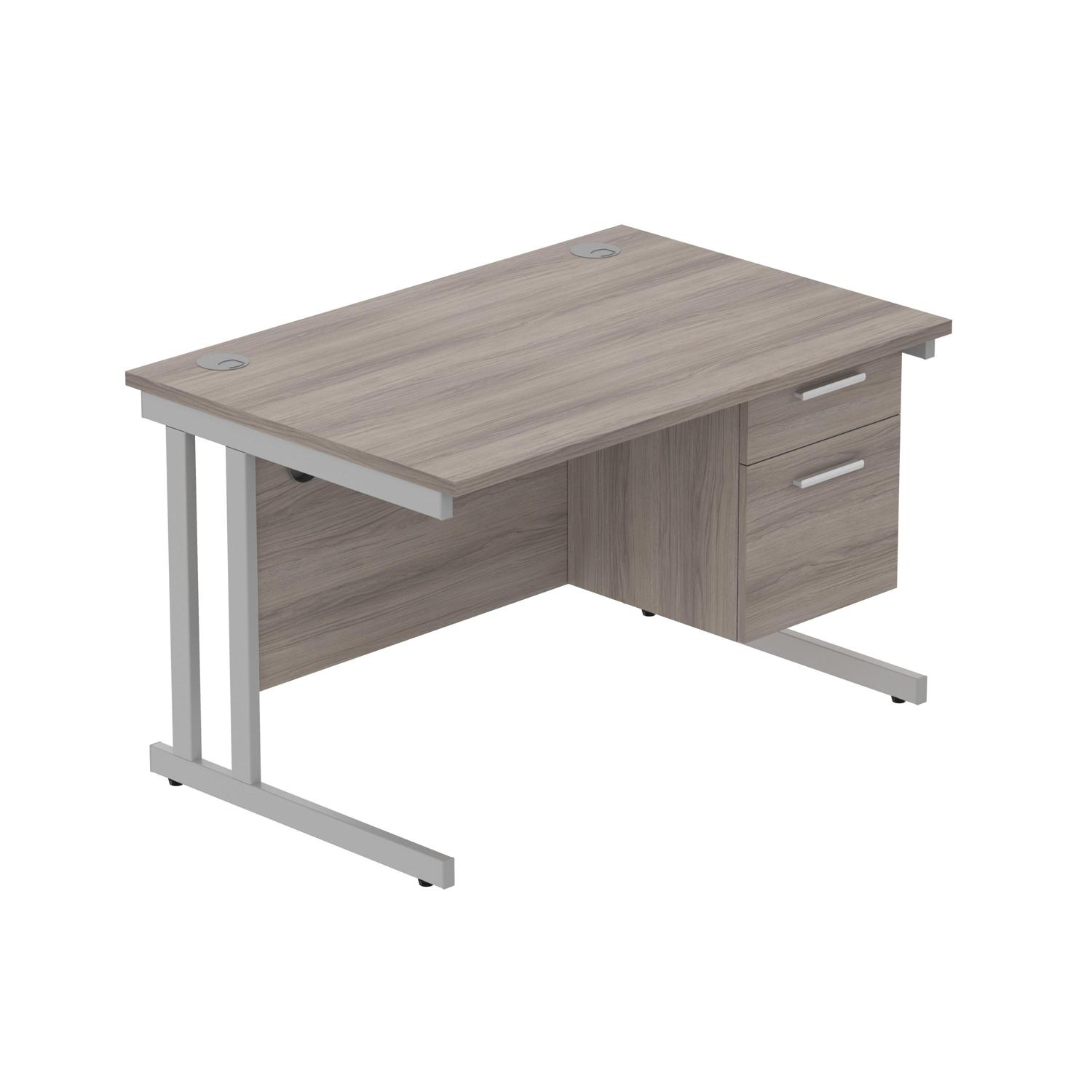 Office Rectangular Desk with Steel Double Upright Cantilever Legs + 2 Drawer Fixed Pedestal  1200X800 Alaskan Grey Oak/Silver
