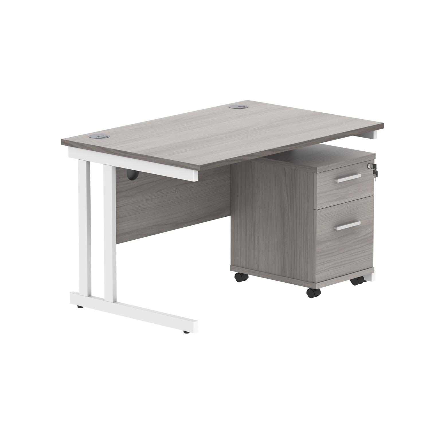 Double Upright Rectangular Desk + 2 Drawer Mobile Under Desk Pedestal  1200X800 Alaskan Grey Oak/White