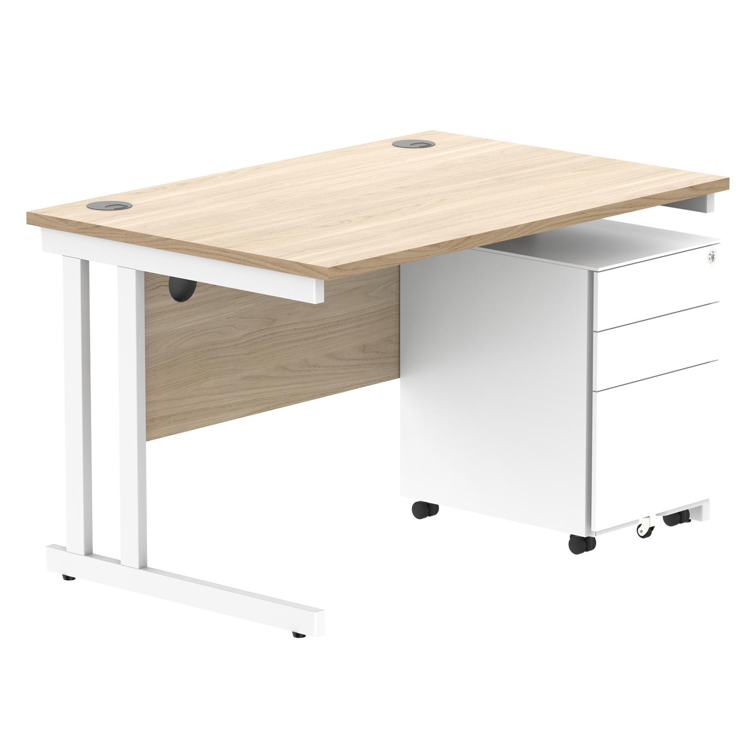 Double Upright Rectangular Desk + Under Desk Steel Pedestal 3 Drawers  1200X800 Canadian Oak/White