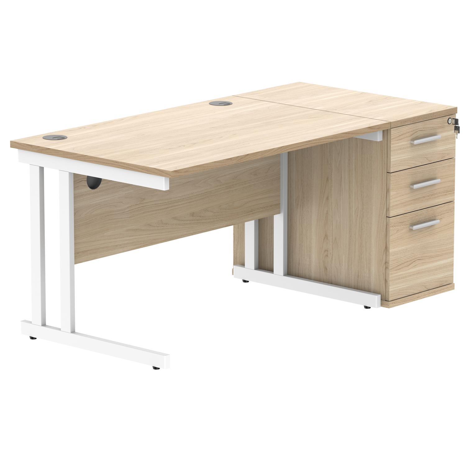 Double Upright Rectangular Desk + Desk High Pedestal  1200X800 Canadian Oak/White