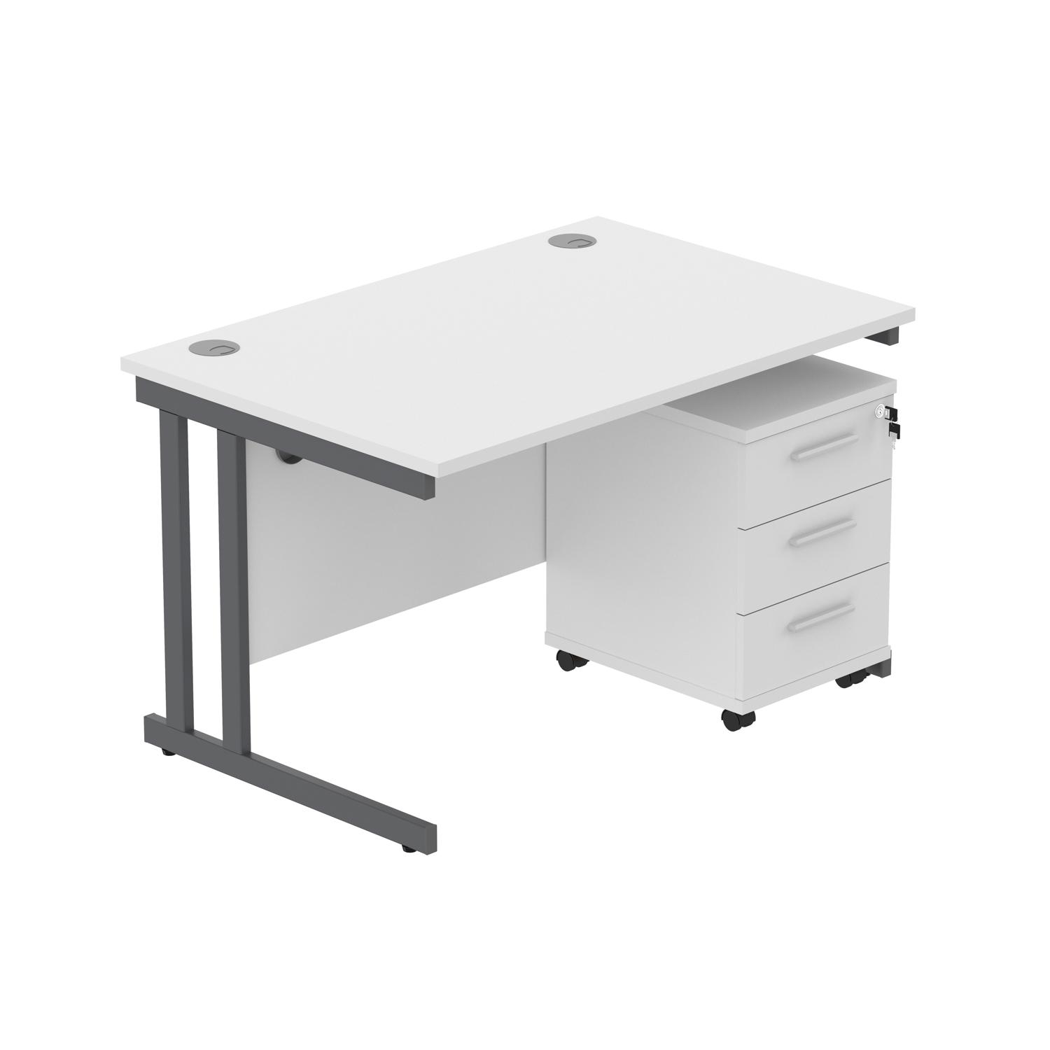 Double Upright Rectangular Desk + 3 Drawer Mobile Under Desk Pedestal  1200X800 Arctic White/Graphite