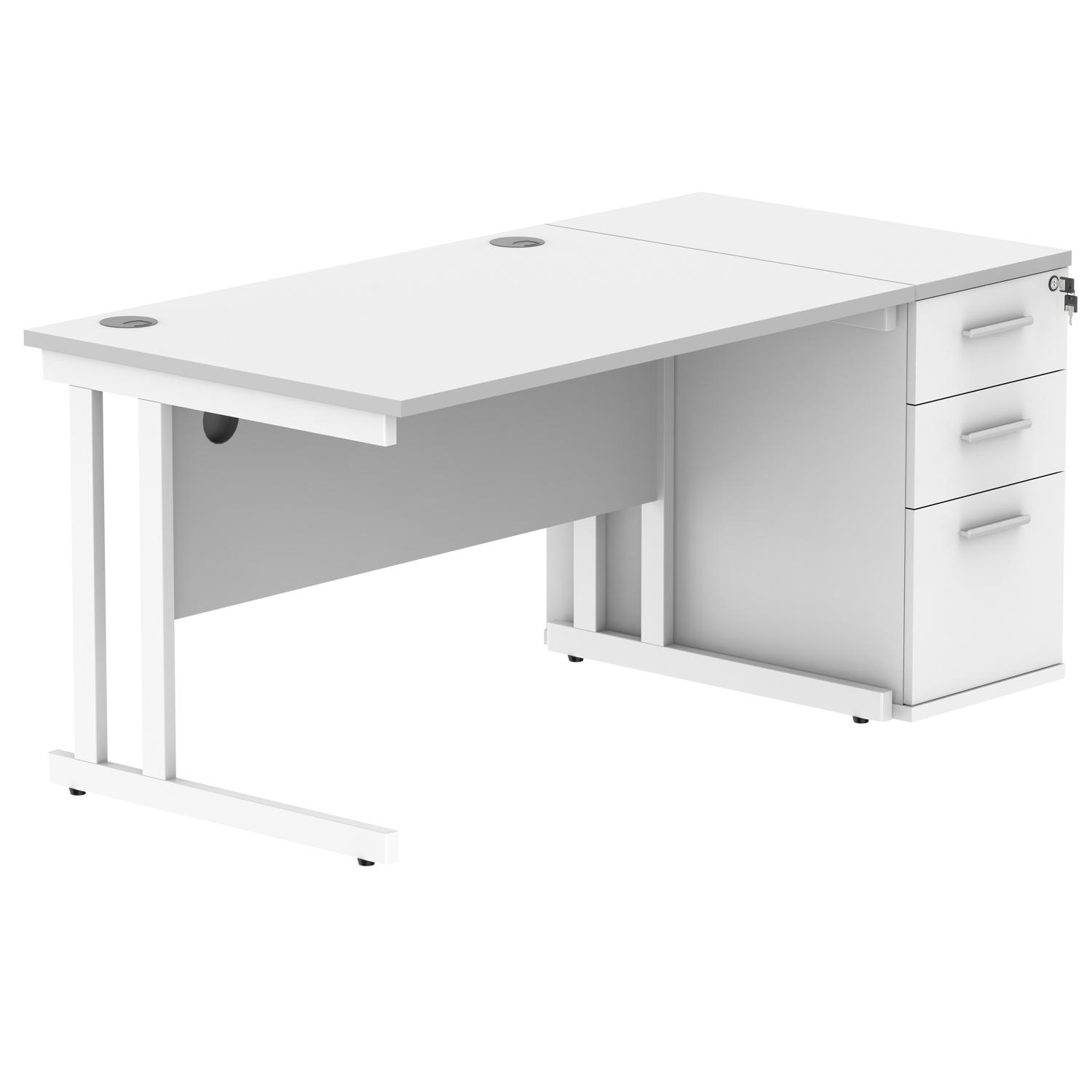 Double Upright Rectangular Desk + Desk High Pedestal  1200X800 Arctic White/White