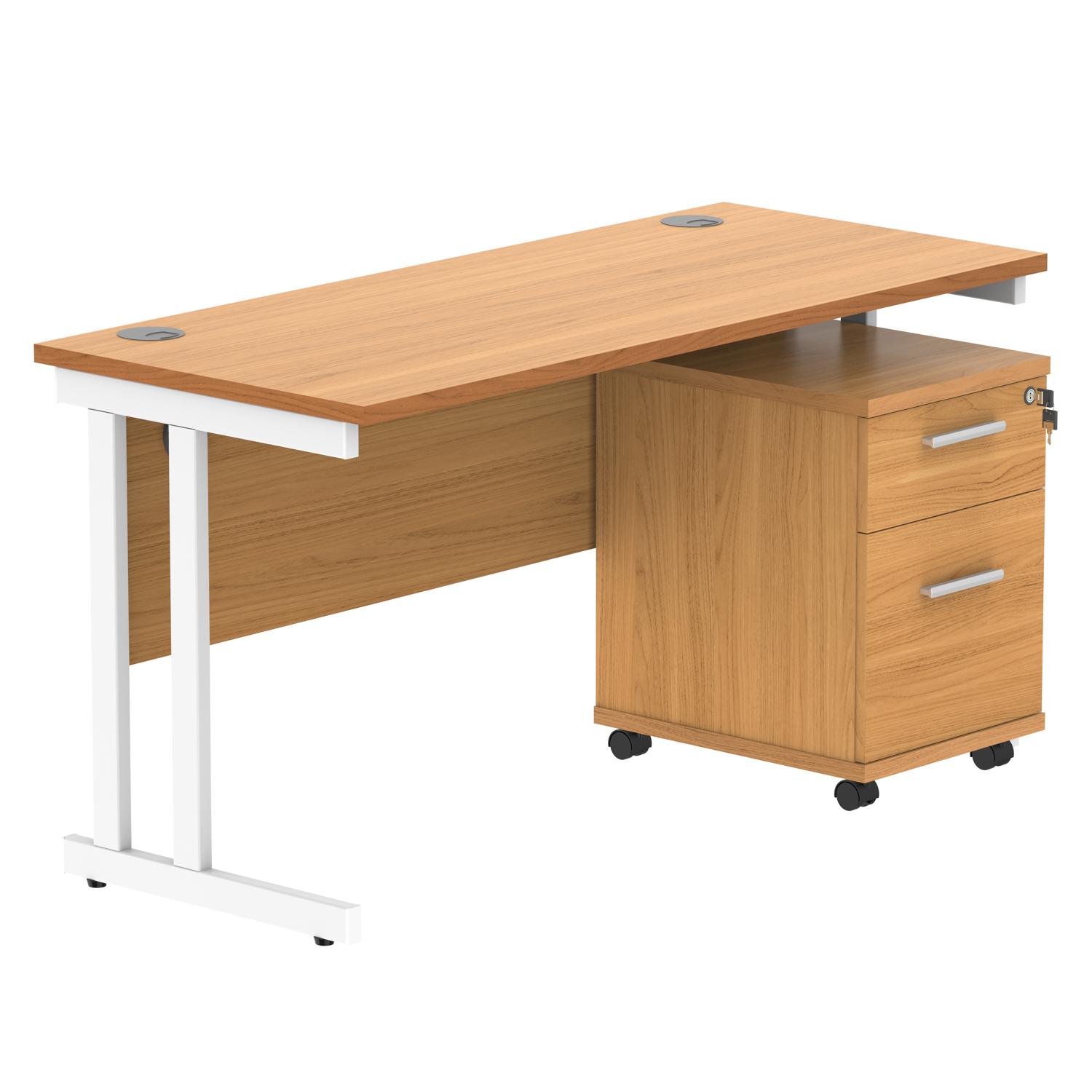 Double Upright Rectangular Desk + 2 Drawer Mobile Under Desk Pedestal  1400X600 Norwegian Beech/White