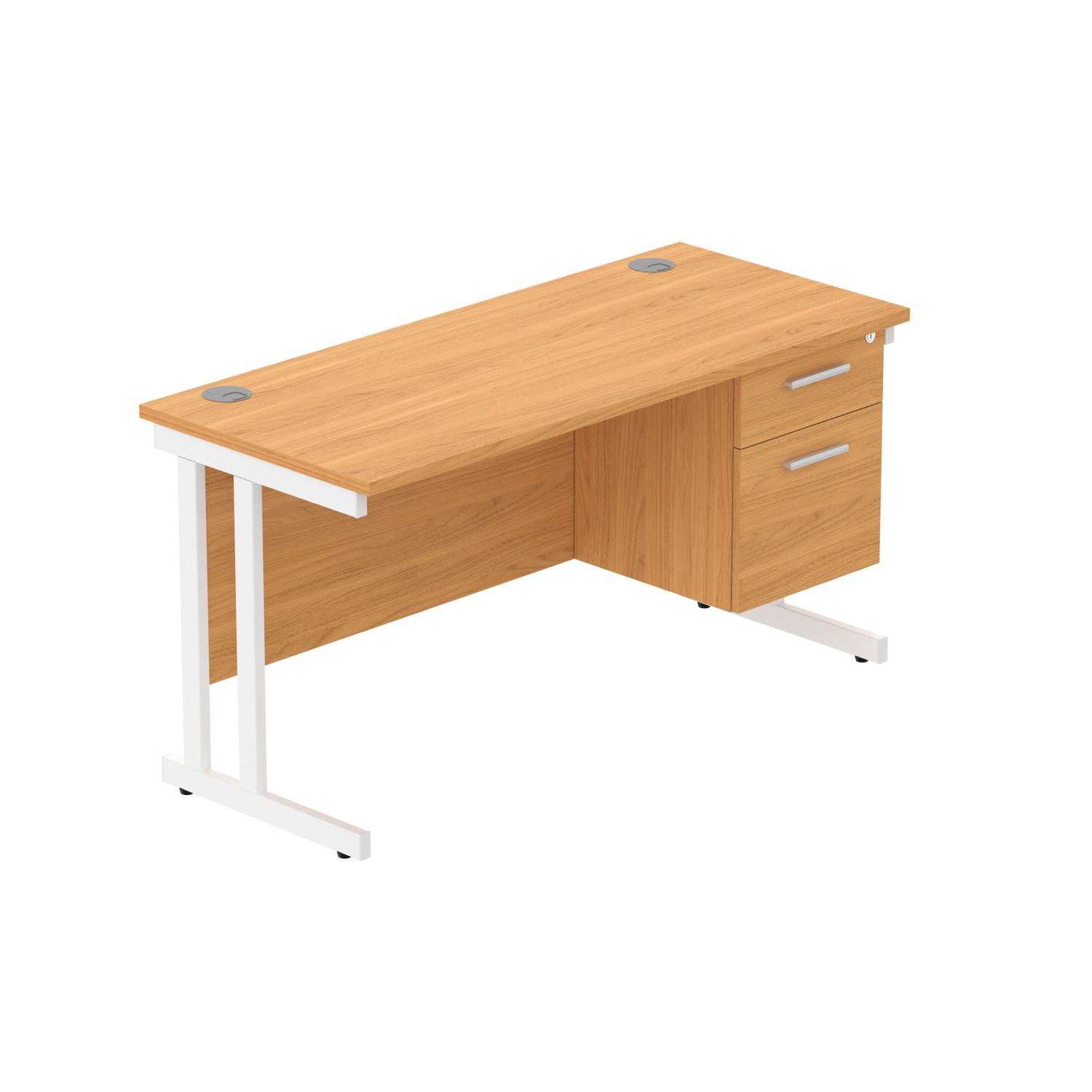 Office Rectangular Desk with Steel Double Upright Cantilever Legs + 2 Drawer Fixed Pedestal  1400X600 Norwegian Beech/White