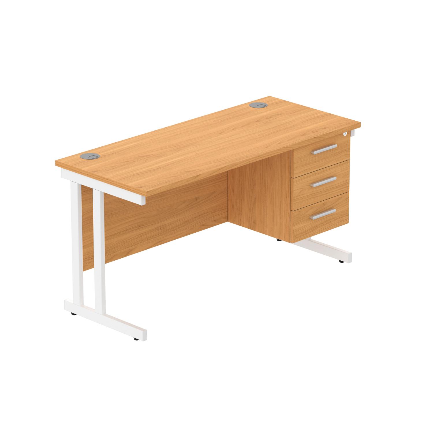 Office Rectangular Desk with Steel Double Upright Cantilever Legs + 3 Drawer Fixed Pedestal  1400X600 Norwegian Beech/White