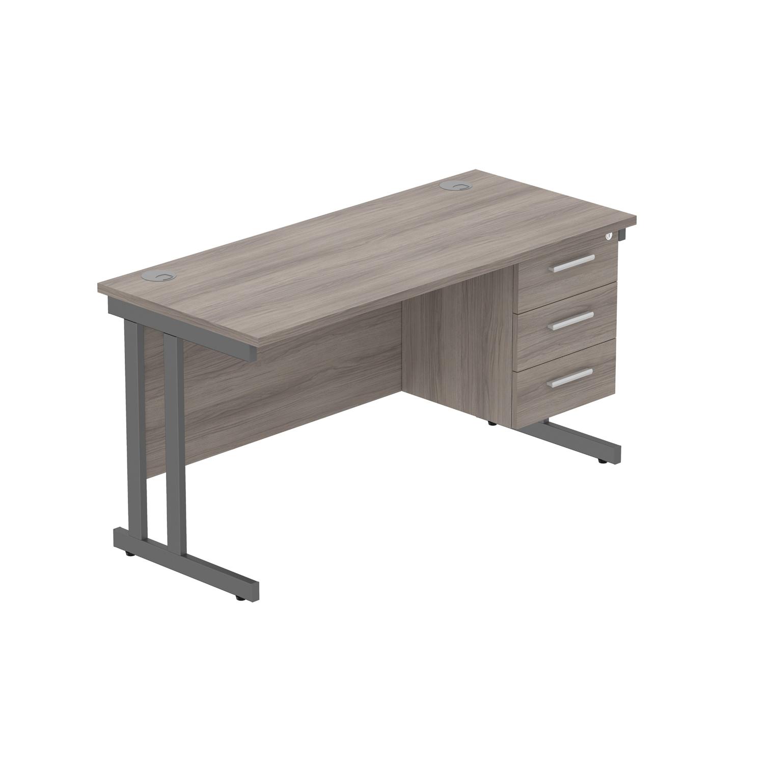 Office Rectangular Desk with Steel Double Upright Cantilever Legs + 3 Drawer Fixed Pedestal  1400X600 Alaskan Grey Oak/Graphite