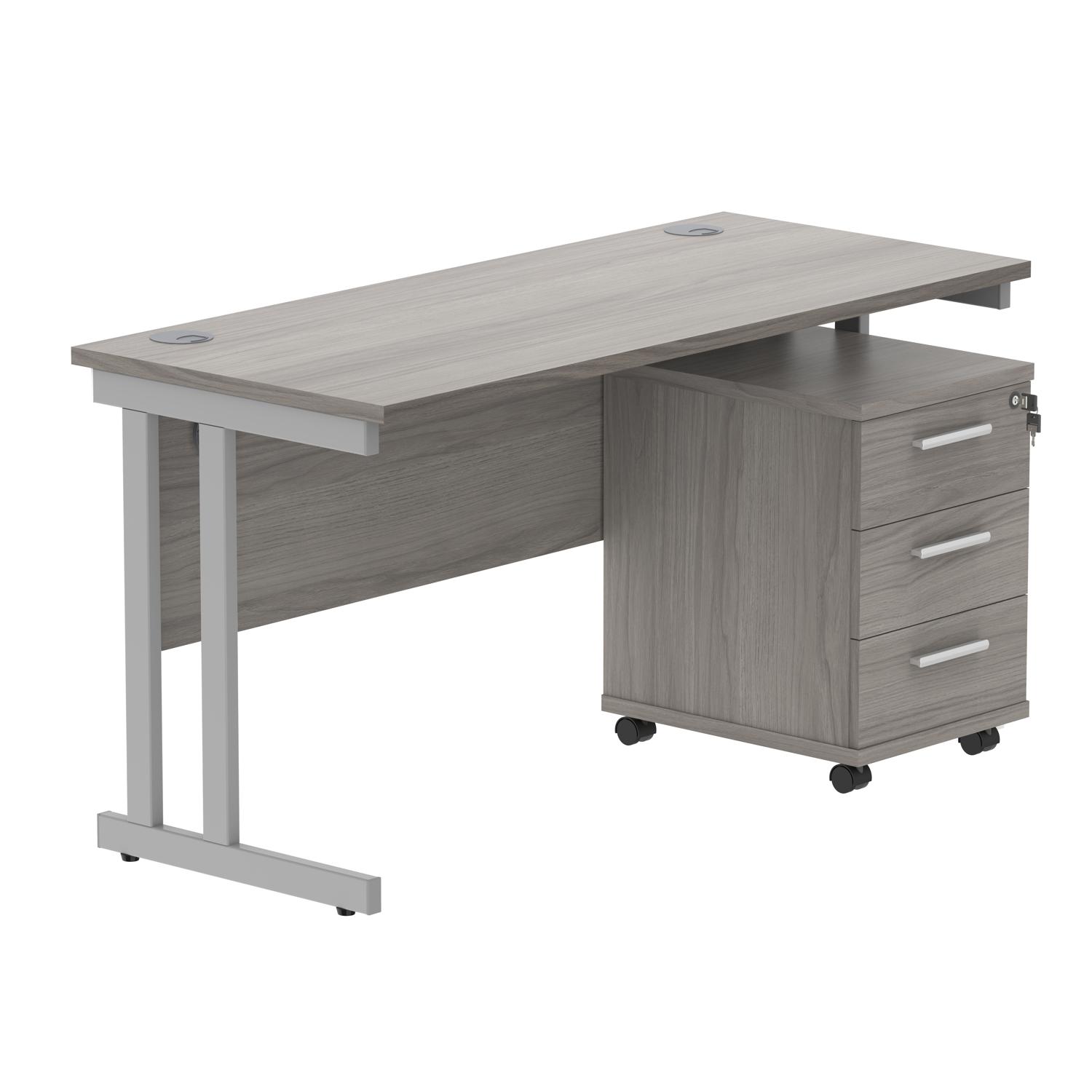 Double Upright Rectangular Desk + 3 Drawer Mobile Under Desk Pedestal  1400X600 Alaskan Grey Oak/Silver