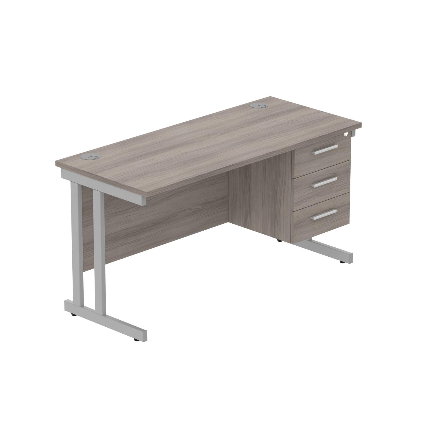 Office Rectangular Desk with Steel Double Upright Cantilever Legs + 3 Drawer Fixed Pedestal  1400X600 Alaskan Grey Oak/Silver