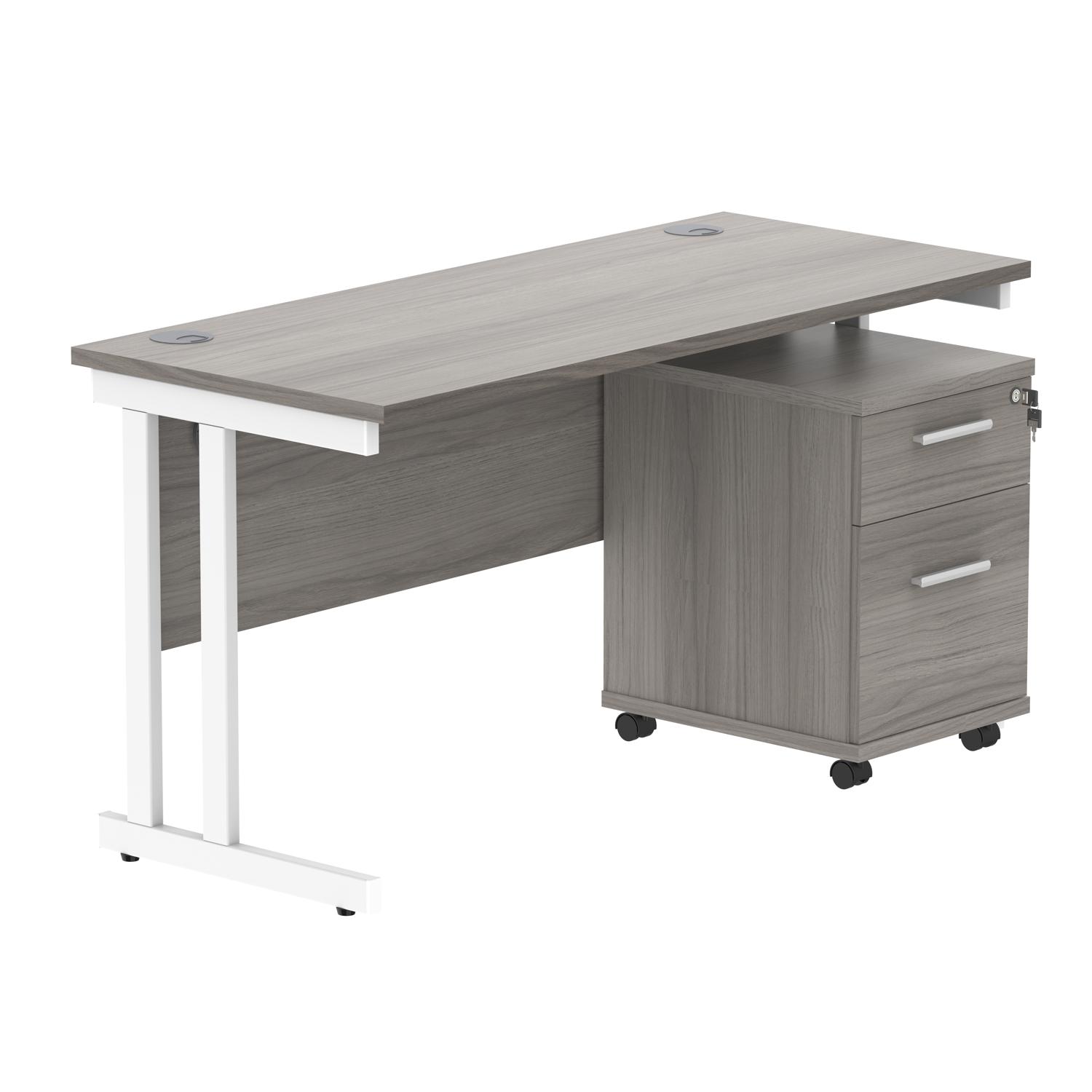 Double Upright Rectangular Desk + 2 Drawer Mobile Under Desk Pedestal  1400X600 Alaskan Grey Oak/White