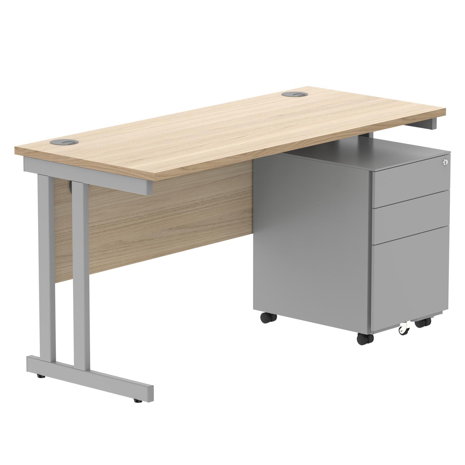 Double Upright Rectangular Desk + Under Desk Steel Pedestal 3 Drawers  1400X600 Canadian Oak/Silver