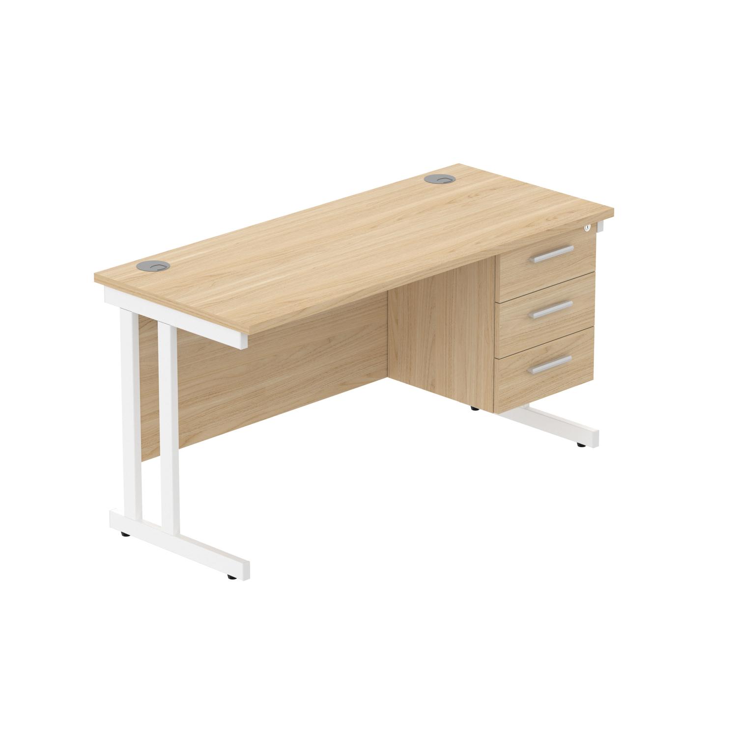 Office Rectangular Desk with Steel Double Upright Cantilever Legs + 3 Drawer Fixed Pedestal  1400X600 Canadian Oak/White