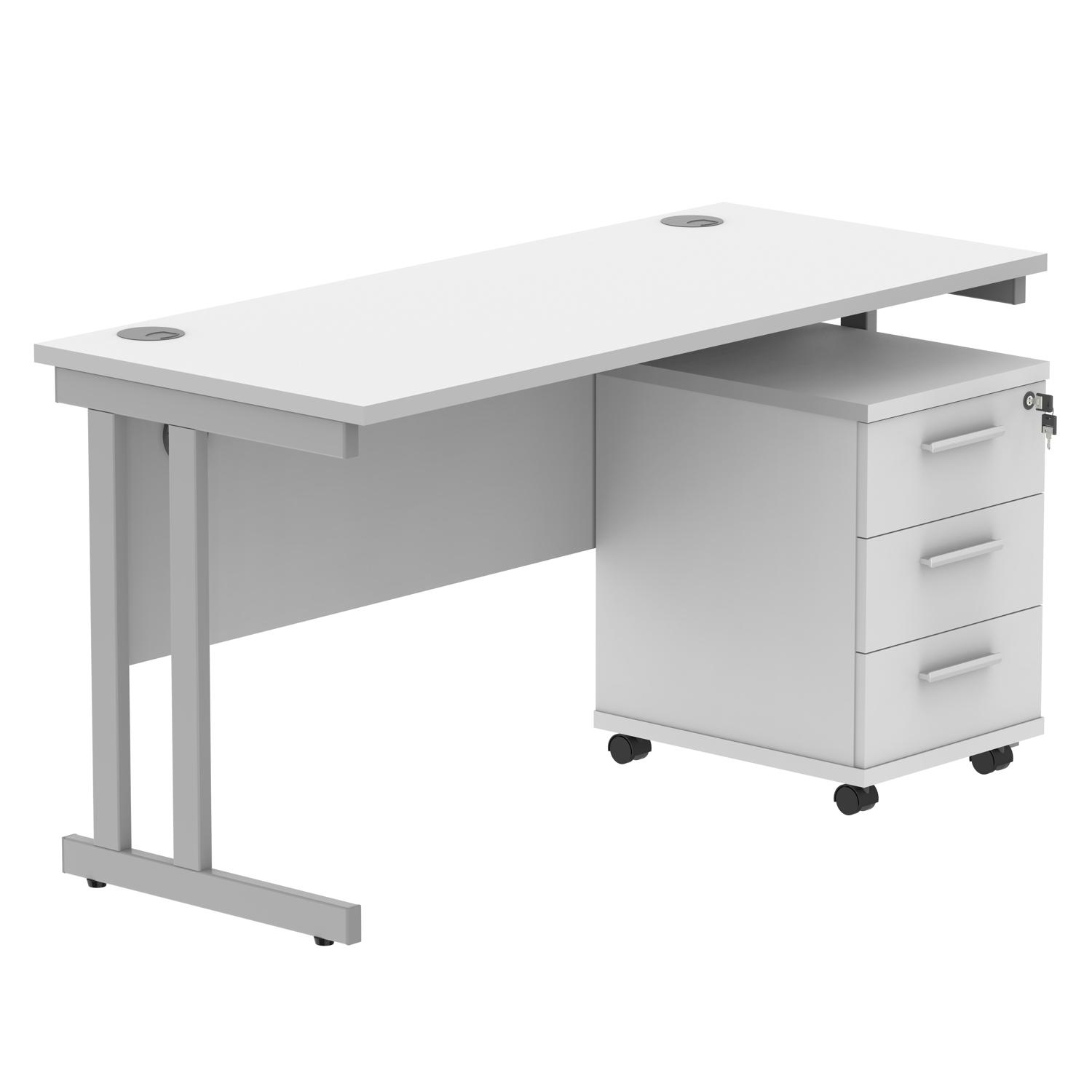 Double Upright Rectangular Desk + Desk High Pedestal  1400X600 Arctic White/Silver