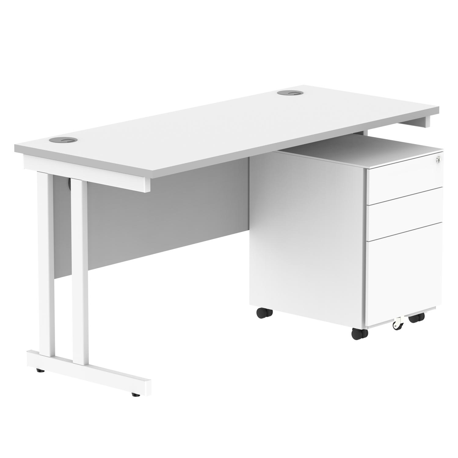 Double Upright Rectangular Desk + Under Desk Steel Pedestal 3 Drawers  1400X600 Arctic White/White