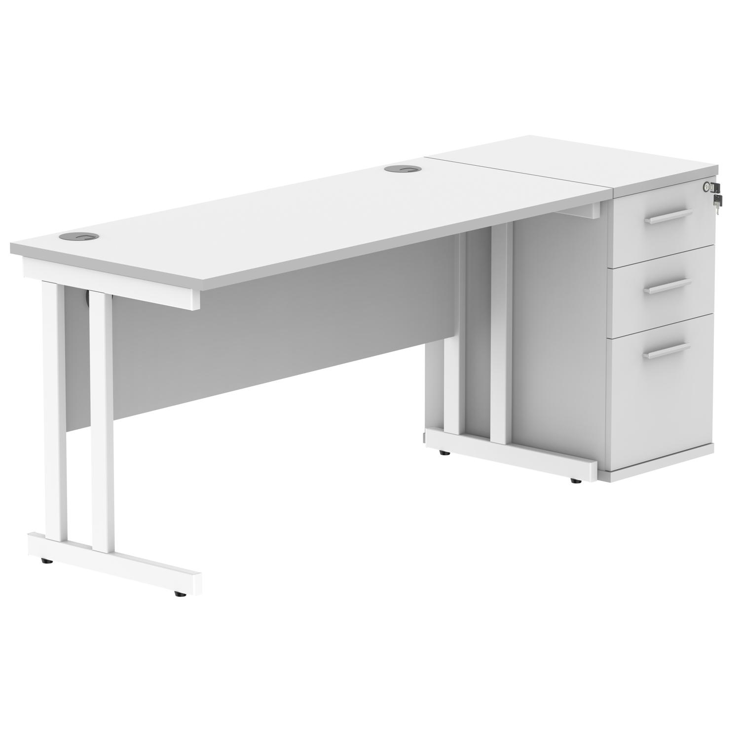 Double Upright Rectangular Desk + Desk High Pedestal  1400X600 Arctic White/White