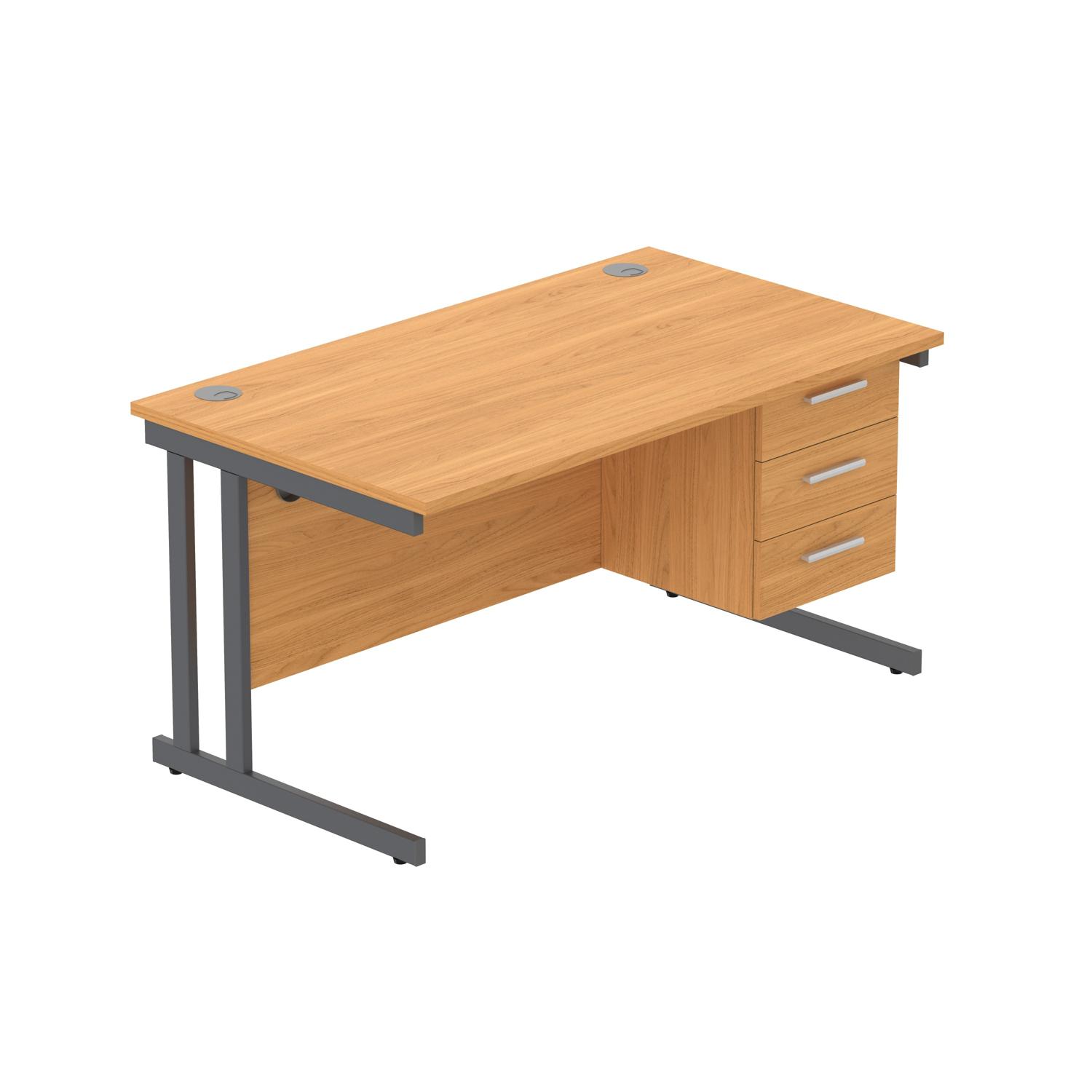 Office Rectangular Desk with Steel Double Upright Cantilever Legs + 3 Drawer Fixed Pedestal  1400X800 Norwegian Beech/Graphite