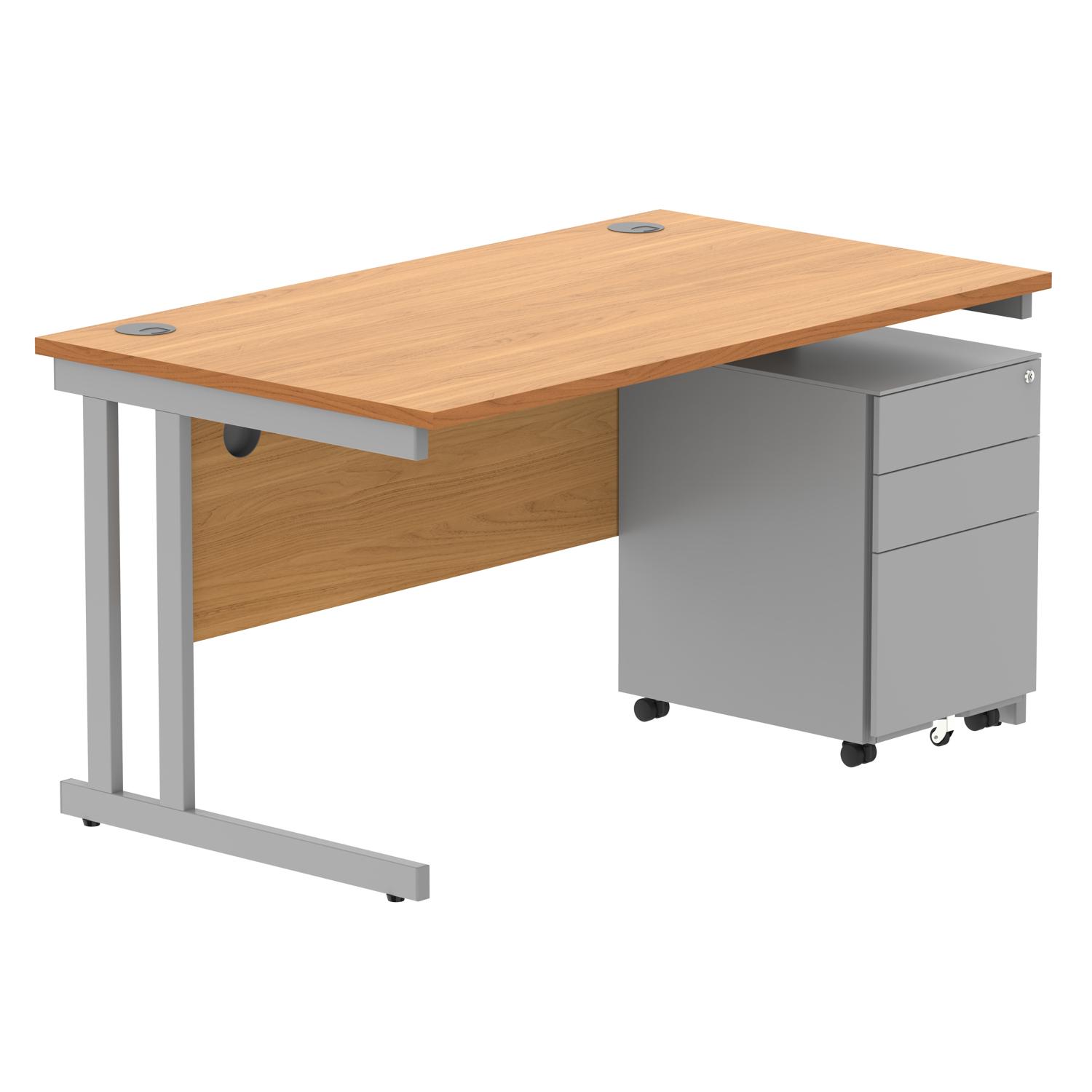 Double Upright Rectangular Desk + Under Desk Steel Pedestal 3 Drawers  1400X800 Norwegian Beech/Silver