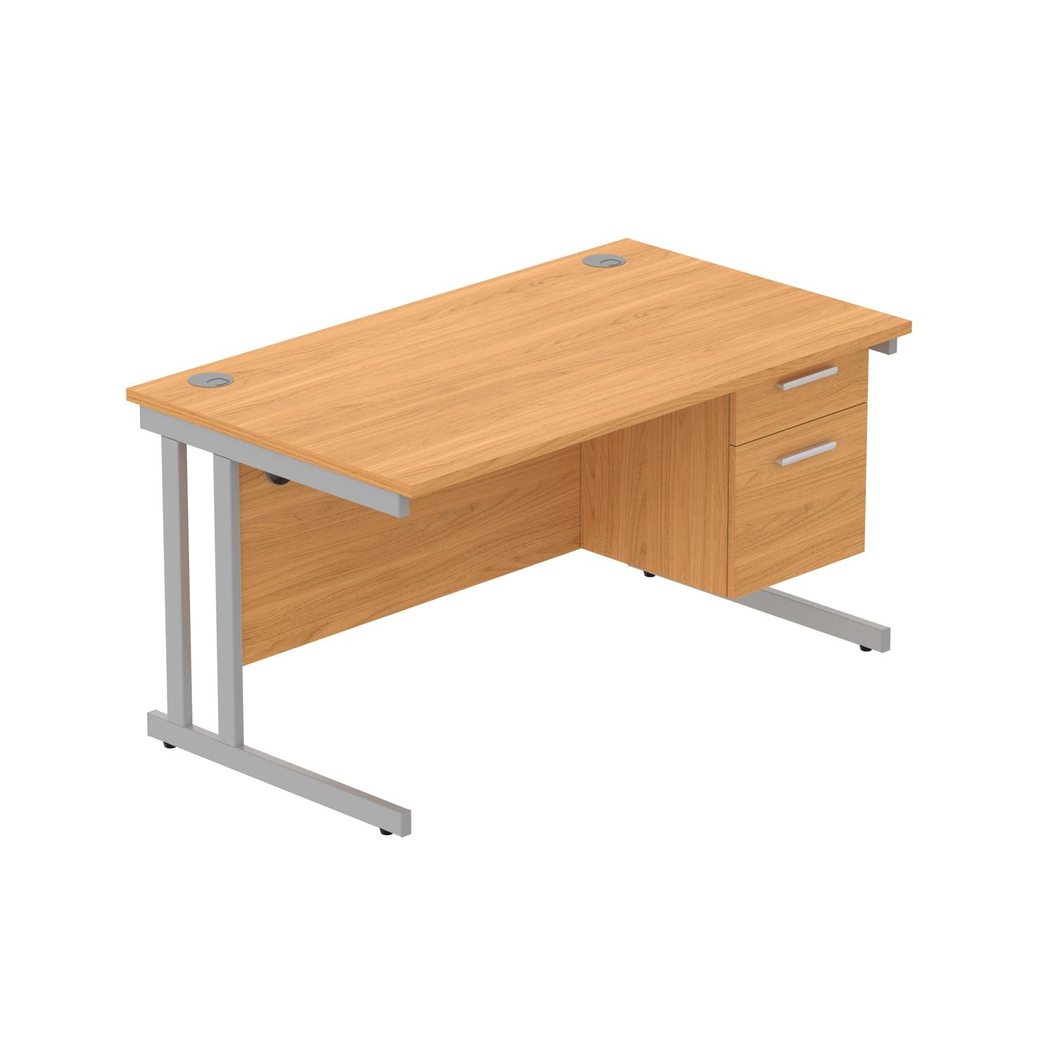 Office Rectangular Desk with Steel Double Upright Cantilever Legs + 2 Drawer Fixed Pedestal  1400X800 Norwegian Beech/Silver