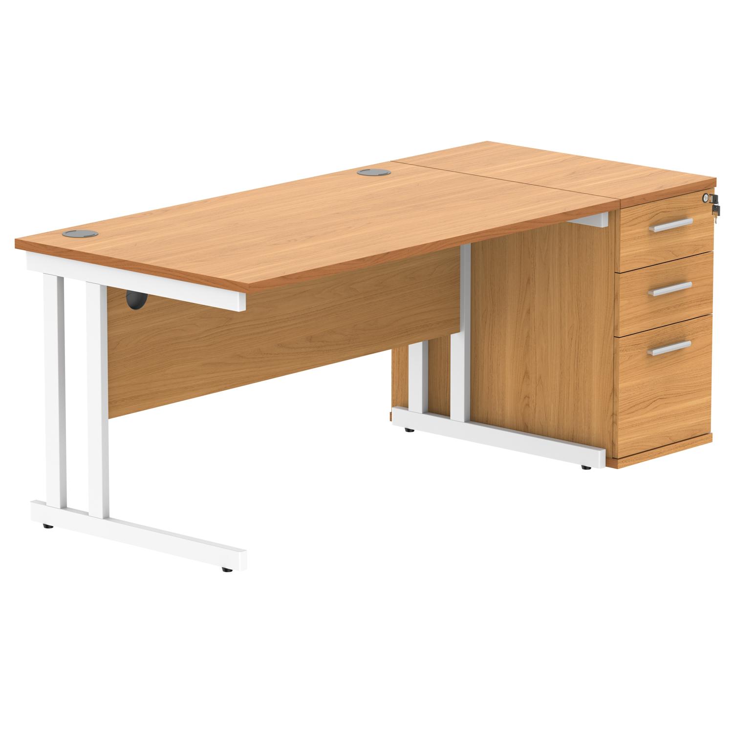 Double Upright Rectangular Desk + Desk High Pedestal  1400X800 Norwegian Beech/White