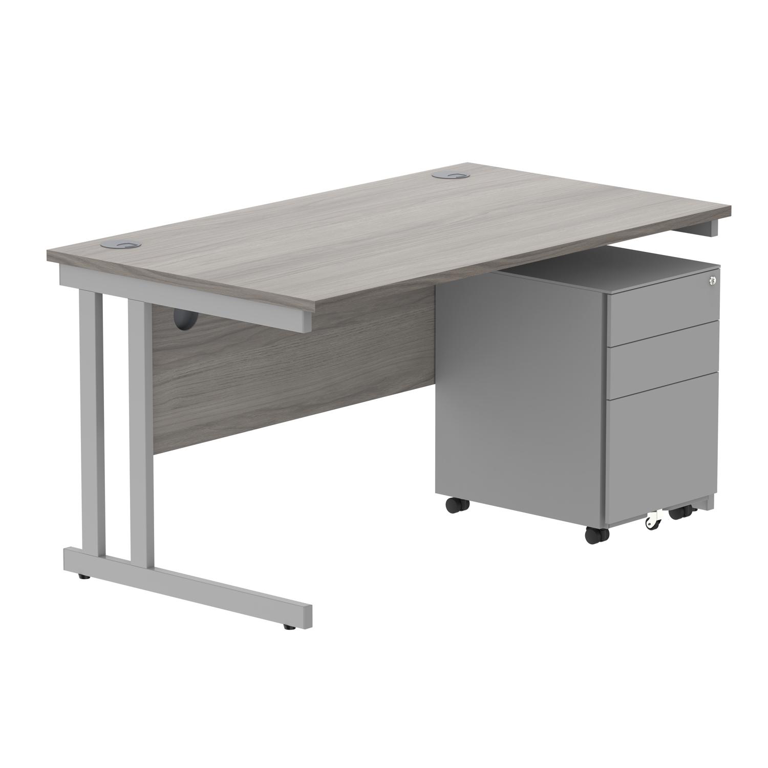 Double Upright Rectangular Desk + Under Desk Steel Pedestal 3 Drawers  1400X800 Alaskan Grey Oak/Silver