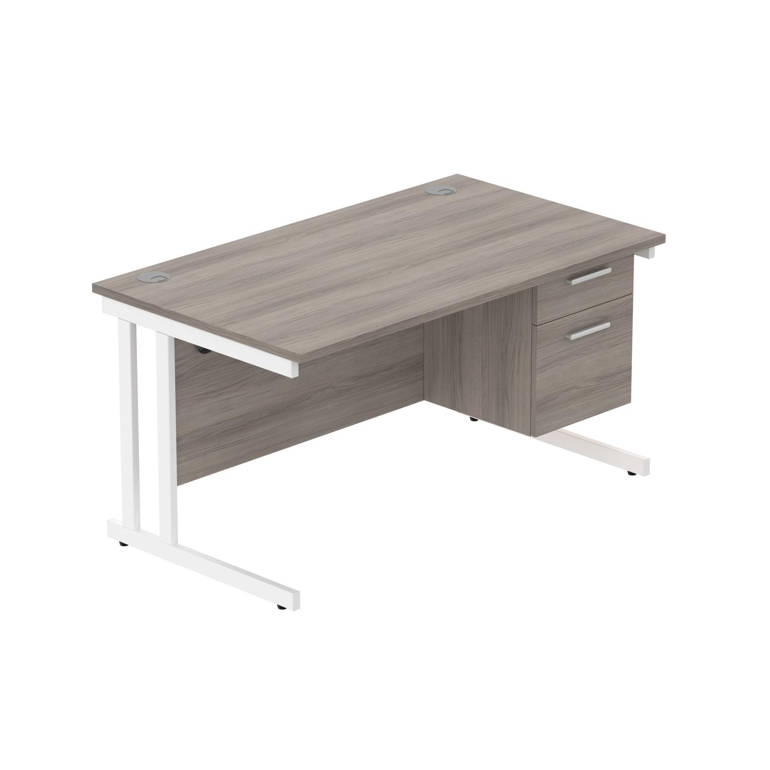 Office Rectangular Desk with Steel Double Upright Cantilever Legs + 2 Drawer Fixed Pedestal  1400X800 Alaskan Grey Oak/White